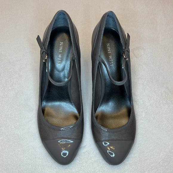 Nine West High Heel Shoes Slate Gray Size 7.5 Patent Toe/Heel Ankle Strap GREAT - Picture 3 of 14